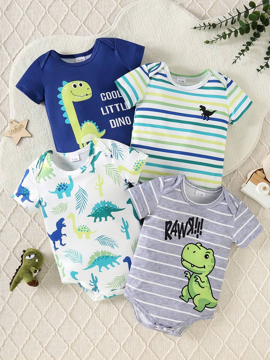 4pcs/Set Baby Boys' Cartoon Dinosaur & Wild Animal All-Over Print Round Neck Short Sleeve Bodysuit Outfit, Summer - Multicolor - View 1