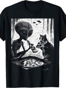 Alien And Cat Eating Pizza Funny Snack Food Women T-Shirt - màu đen - Xem 1