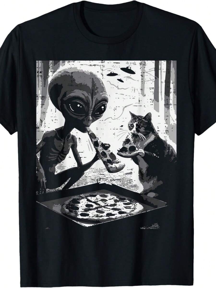 Alien And Cat Eating Pizza Funny Snack Food Women T-Shirt - màu đen - Xem 1