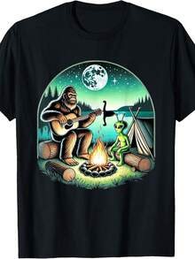 Alien And Bigfoot Loch Ness Campfire Sasquatch Guitar T-Shirt Hoodie - 黑色 - 查看 1