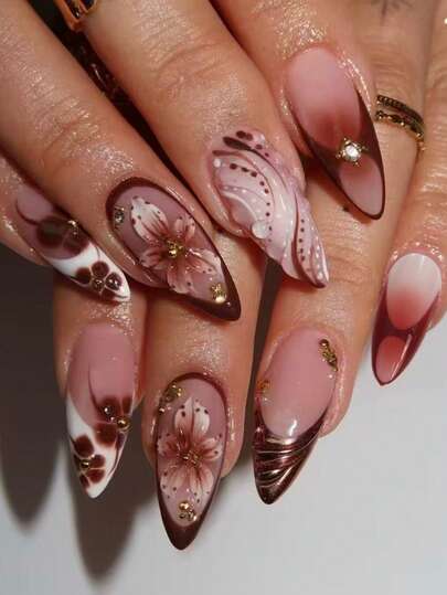 24pcs Retro Brown Tone 3D Flower Almond Shaped Nail Art With Gradient Tie Dye, Elegant Vintage Nail Art Feast, Suitable For Women And Girls For Work, Party, Gathering, And Dating Nails