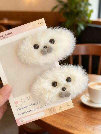 2pcs Cute Plush Seal Hair Accessory For Girls - Simple Side Duckbill Clip With Wispy Bangs, Suitable For Everyday Outfits