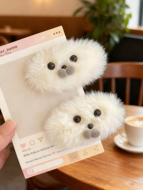 2件装可爱毛绒海豹发饰，适合女孩 - 简约侧边鸭嘴夹，带飘逸刘海，适合日常穿搭