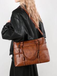1pc Women's Solid Color Retro Handbag, Large Capacity Tote Bag With Multiple Zipper Pockets, Waterproof PU Dual Top Handle Portable Outdoor Casual Business Versatile Shoulder Bag, Stitched Anti-Theft Crossbody Bag - Brown - View 11