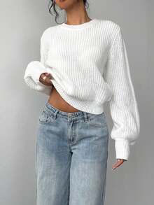 Vuslat 女士宽松白色毛衣，休闲圆领长袖套头衫，优雅休闲外出上衣，街头风，基础款上衣 - 白色 - 查看 5