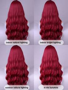1 Piece Curly Synthetic Hair Wig With Bangs, Burgundy Long Wavy Heat Resistant Fiber Wig For Girls' Parties Or Daily Use - Multicolor - View 6