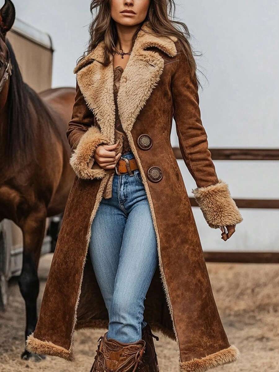 New Women's Retro Western Cowboy Plush Warm Windbreaker, Large Buttons, High Quality, Winter Clothes For Women - 棕色 - 查看 1