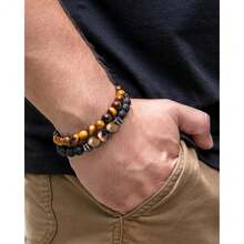 Mens Natural Stone Beaded Bracelets 8MM Stretch Adjustable Tiger Eye, Matte Agate, Lava Rock Beaded Bracelet Set For Men Gifts,3 - 3 - 查看 8