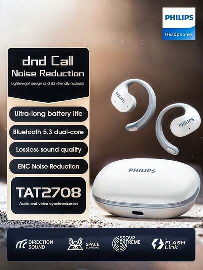  Tai nghe không dây Philips True Wireless, Thiết kế kẹp tai mở, Chất lượng âm thanh cao cấp, Phù hợp cho thể thao, Giảm tiếng ồn, TAT2708