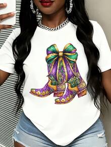 Mardi Gras Cowboy Boots With Bow T Shirt Women's Festive Purple Green And Gold Design Casual Graphic Tee For Celebration Party Wear - 白色 - 查看 2