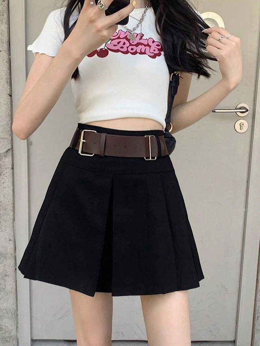 复古学院风短款百褶裙，收腰设计，配腰带 - 黑色 - 查看 1