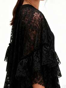 Women Lace Flowy Boho Top Sheer Poncho Blouse Bell Long Sleeve Ruffle Cover Up See Through Going Out Shawl Shirt - 黑色 - 查看 3