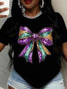Mardi Gras Sequin Bow T Shirt Women White Purple Green Gold Party Celebration Top - 黑色 - 查看 2