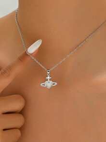 1 chiếc vòng cổ hình trái tim Saturn mạ vàng trắng sang trọng hiệu Niche Sweet dành cho nữ, phù hợp cho sử dụng hàng ngày, đi làm, hẹn hò, lễ hội, phụ kiện cá nhân hóa trang phục. - vòng cổ - Xem 1