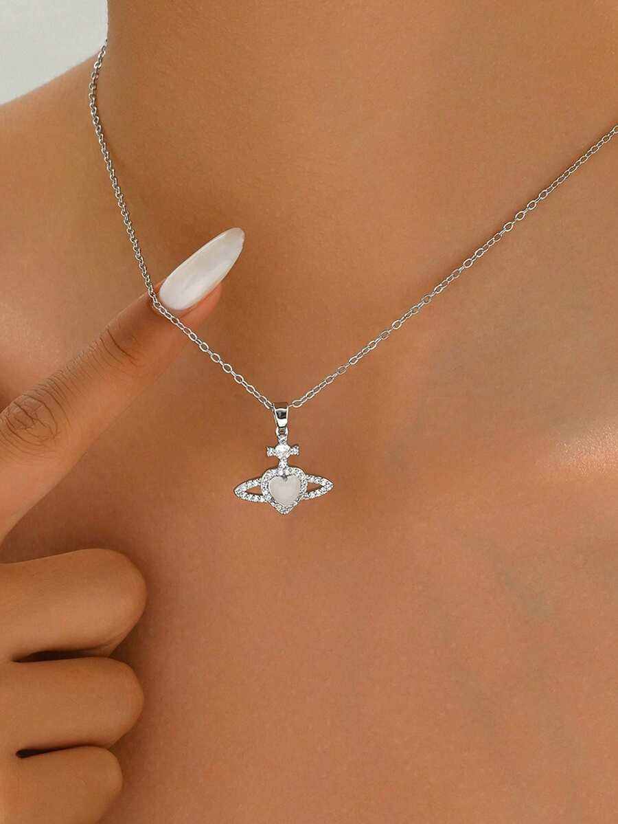 1 chiếc vòng cổ hình trái tim Saturn mạ vàng trắng sang trọng hiệu Niche Sweet dành cho nữ, phù hợp cho sử dụng hàng ngày, đi làm, hẹn hò, lễ hội, phụ kiện cá nhân hóa trang phục. - vòng cổ - Xem 1