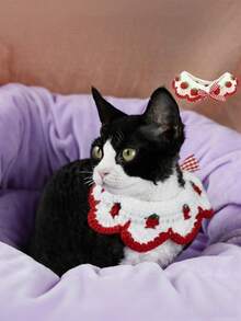 1pc Handmade Crochet Elastic Strawberry Bow Cat Collar, Pet Accessory Decoration - Multicolor - View 4