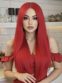 28-Inch Long Straight Red Wig, Suitable For Daily Wear, Parties And Festivals