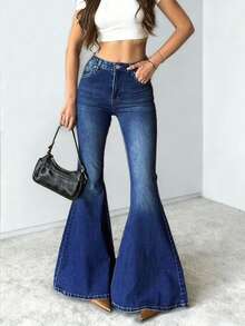 Women's High Waist Flare Jeans, Vintage Elegant Sexy, 2026 Spring/Summer Collection, New Year & Valentine's Day Edition Casual - Dark Wash - View 3