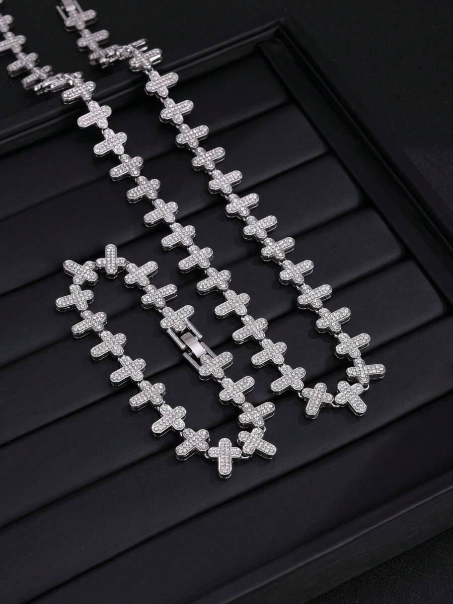 2pcs Fashionable & Versatile Fully Rhinestone Clover Necklace & Bracelet Jewelry Set, Suitable For Men And Women Everyday Wear - Bracelet Set - View 1