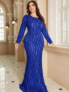 XUIBOL 高品质弹力优雅亮片拼接超修身加大码圆领晚宴约会婚礼派对生日周年纪念家庭鸡尾酒会正式晚宴婚礼宾客单身派对假日夏季秋季V领短袖优雅奢华新娘母亲礼服（重工刺绣） - 寶藍色 - 查看 9