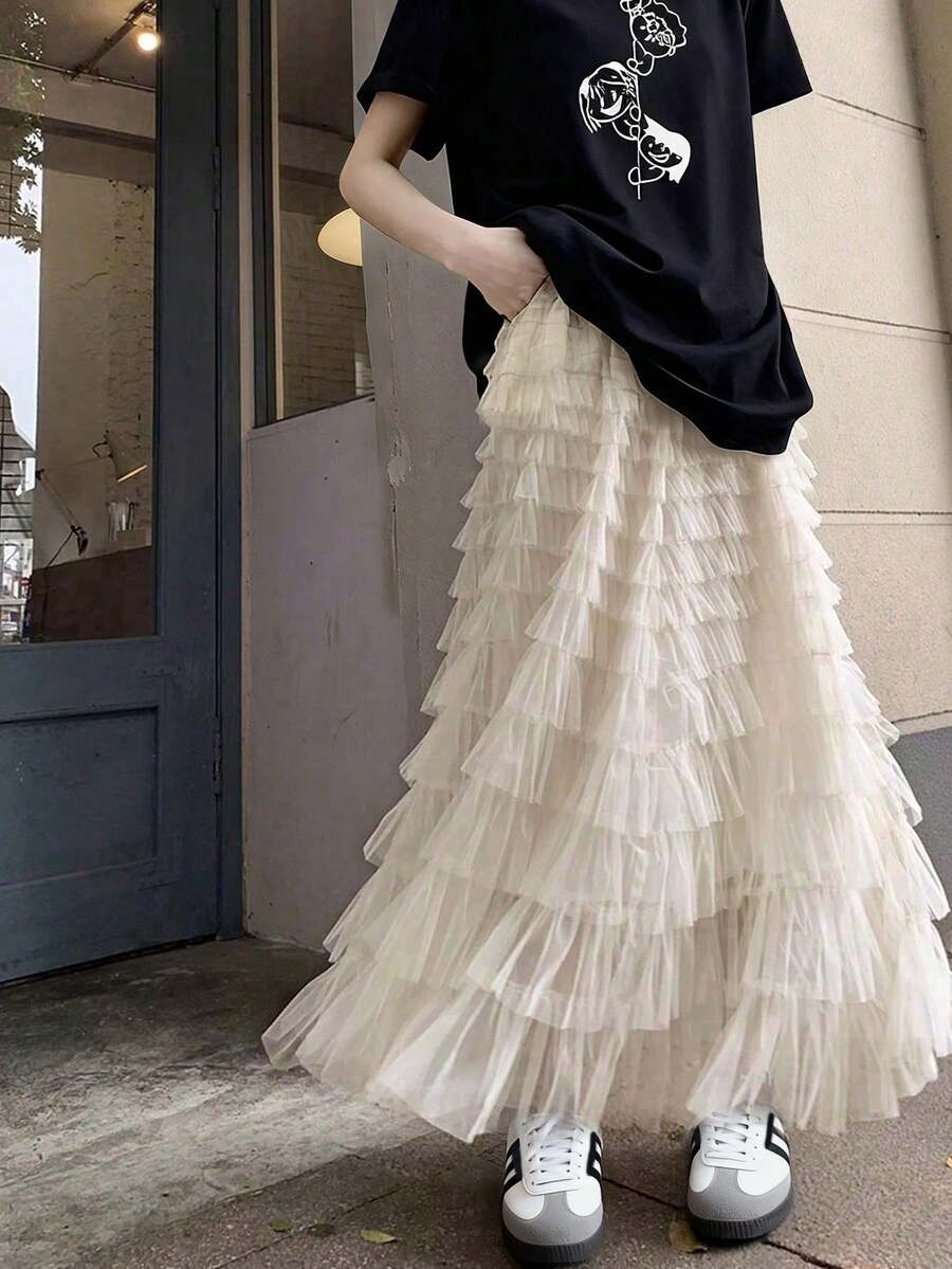 A字高腰网纱荷叶边裙，别致甜美的仙女裙 - 杏色 - 查看 1