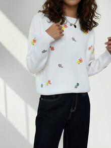 2025 New Styles Women's Floral Embroidered Drop Shoulder Sweater, Long Sleeve Tops Spring And Summer Hot - White - View 2