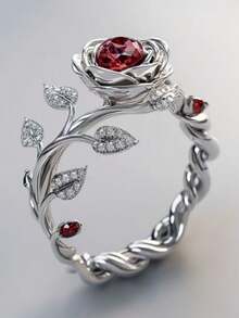 1枚流行女士时尚奢华优雅花卉锆石戒指，婚礼订婚派对珠宝礼物 - 銀色 - 查看 1