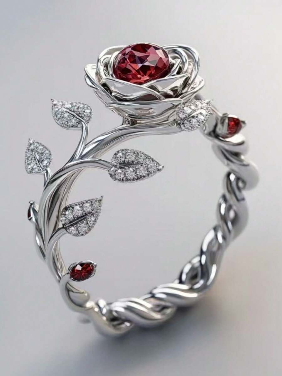 1枚流行女士时尚奢华优雅花卉锆石戒指，婚礼订婚派对珠宝礼物 - 銀色 - 查看 1