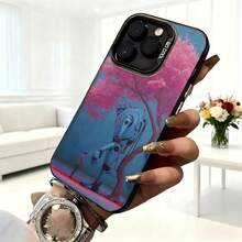Cubierta de teléfono con diseño de robot bajo árbol de flores rosadas color azul para iPhone uso diario en cafeterías - Negro - Ver 6