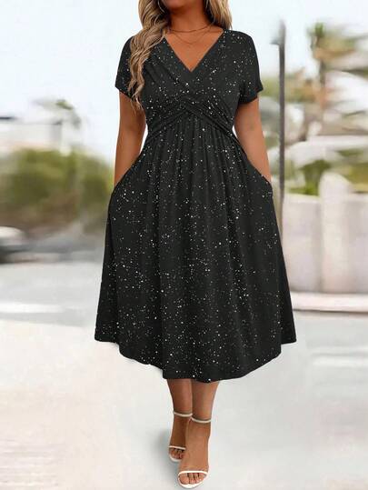 Plus Size Women's Sparkly Criss-Cross Pocket Twist Knot Dress, New Spring/Summer Fashion Export To Europe & US