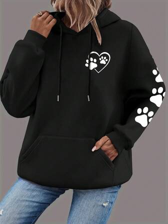 Plus Size Women's Daily Heart - Shaped Paw Prints With Sleeve Paw Print Pattern Hooded Long Sleeves Casual Spring/Summer/Fall Women's Plus-Size Long-Sleeved Hoodie Sweatshirt Going Out Tops Women,Vacation Outfits Women
