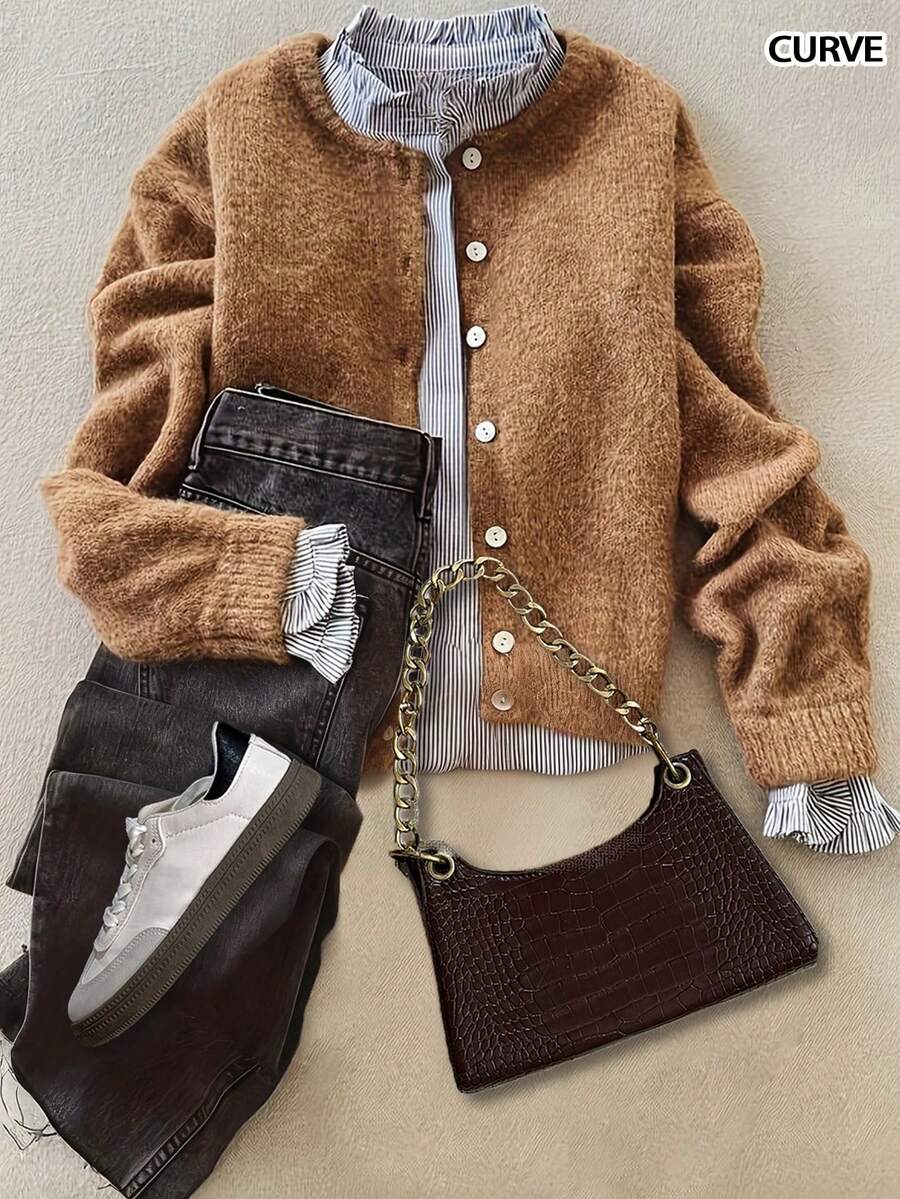 Pull élégant et décontracté pour l'automne et l'hiver, texture de fil peluché imitant le vison, confortable, avec boucle coquillage, col rond, manches longues, tricot, grande taille. Vêtements d'automne et d'hiver pour femmes, hauts d'automne, tenue de travail/bureau, décontracté chic