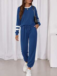 PRETTYGARDEN Women Fall 2 Piece Lounge Outfit Long Sleeve Tops High Waisted Jogger Pants Set Spring Travel Clothes Tracksuit New Years Valentine Vacation Outfit For Women - 深藍 - 查看 3