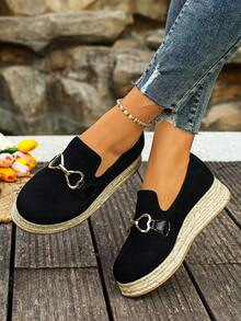 1 Pair Women's New Thick Sole Slip-On Casual Shoes, High Vamp Outdoor Comfortable Metal Buckle Fashion Versatile, Autumn/Winter - Black - View 6