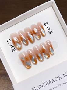 纯手工制作椭圆形美甲贴片；手绘猫眼油画渐变美甲，个性化秋冬美甲，高品质简约美甲，全覆盖假指甲，Y2K美甲，按压式美甲 - 彩色 - 查看 6