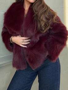 DEEKA秋冬新款加厚仿狐狸毛领连帽中长款人造皮草大衣年轻时尚 - 酒紅色 - 查看 3
