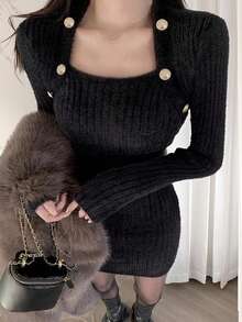 Alicedudu 女士秋冬优雅修身毛衣裙 - 黑色 - 查看 3