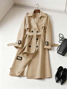 Women's Versatile Elegant Autumn/Winter Trench Coat, Fashionable Commuter Casual Long Windbreaker Jacket, British Style Midi Coat - Khaki - View 2