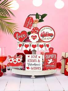 12-Piece Valentine's Day Bright Red Wooden Decor Set - Charming Assorted Designs (Heart/Gnome/Cupid/Truck Accents + "Love/Kisses & Wishes" Romantic Slogans), Durable Unfinished Wood Material, Battery-Free Tabletop/Party Decor Supplies, Festive Valentine's Day Decor Accents (Tray Not Included) - Multicolor - View 3