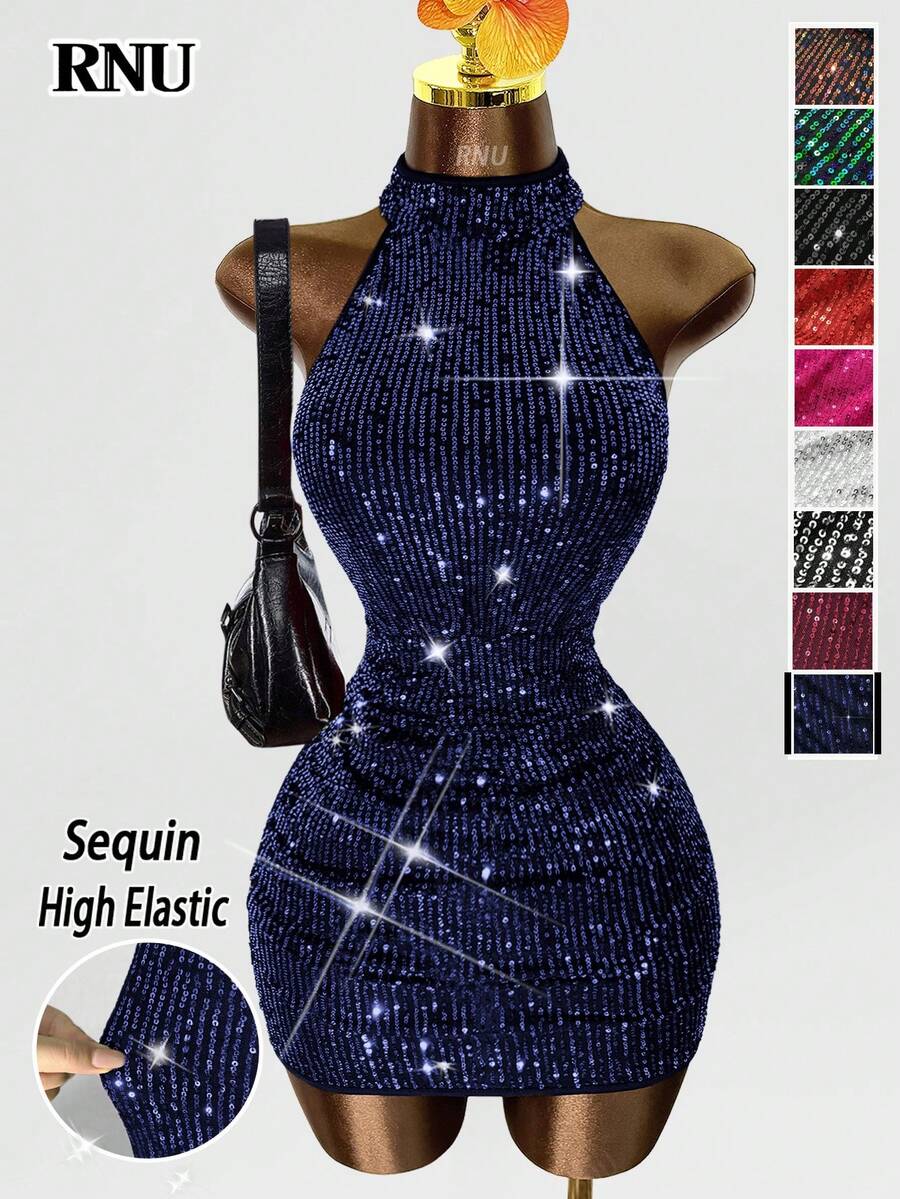 RNU Đầm ôm sát hở lưng màu xanh hải quân đính sequin, lãng mạn, gợi cảm, không tay, thích hợp cho hẹn hò, tiệc tùng, hộp đêm, dạo phố, lễ hội, Ngày Valentine, Năm mới, sinh nhật, Xuân/Hè/Thu/Đông, trang phục nữ mùa thu, khách dự đám cưới, váy ngắn nữ mới. - Màu xanh hải quân - Xem 1