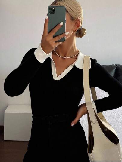 Livesso Autumn Winter Business Casual Style Color Block Collar Slim Fit Sweater,Long Sleeve Tops,Fall Women Clothes