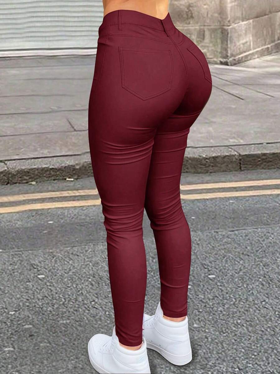 High Waist Skinny Trousers - Burgundy - View 1