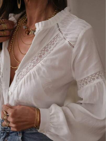 Solid Color Embroidered Lace Patchwork Casual Shirt