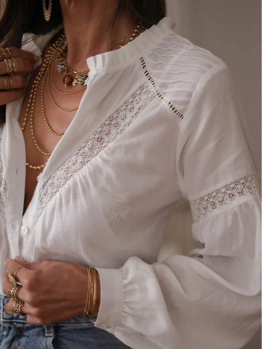 Áo kiểu nữ màu trắng trơn phối ren. - trắng - Xem 1