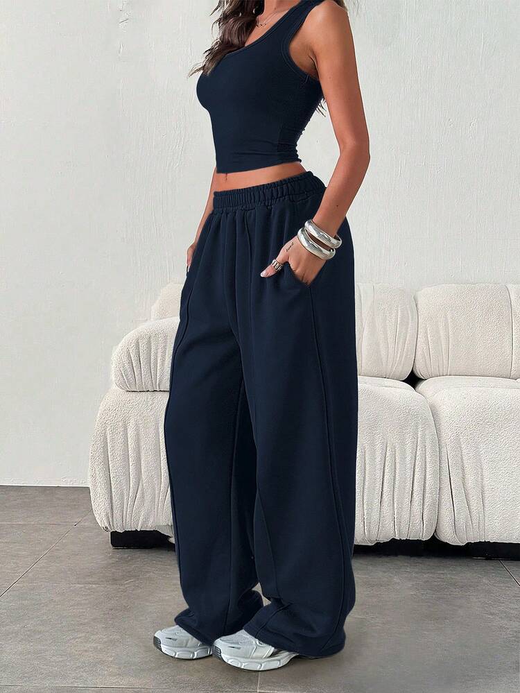 Women's Casual Loose Solid Color Elastic Waist Sweatpants With Pockets - Navy Blue - View 1