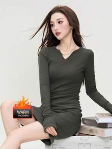 JUTU Double-Sided Velvet Elegant V-Neck Women's New Year Dress 2025, Fitted Slim Long Sleeve Skirt For Winter - 246 Earth Gray - View 6