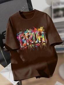 T-shirt à col ras-du-cou à manches courtes avec imprimé slogan minimaliste décontracté pour garçons, nouveaux vêtements d'été pour garçons - Tabac - Voir 4