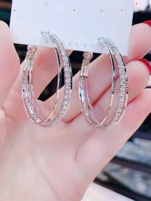 1对奢华、时尚、优雅的三排耳环，希望在女士耳环上镶嵌水钻 - 銀色2 - 查看 2