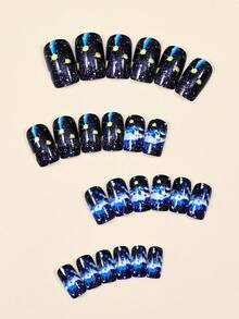 24 miếng dán móng tay hình vuông màu xanh dương họa tiết mây và hành tinh, chất liệu acrylic, dùng cho móng giả, thích hợp sử dụng hàng ngày. - Nhiều màu - Xem 3