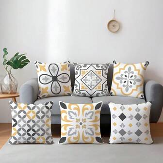 6 st minimalistiska gula och grå geometriska blommönster kuddfodral, mjukt persikafärgat sammetstyg, 40*40/45*45/50*50 cm enkelsidigt tryck, lämplig för hem, sovrum, vardagsrum, soffa, dekorativa kuddfodral, present